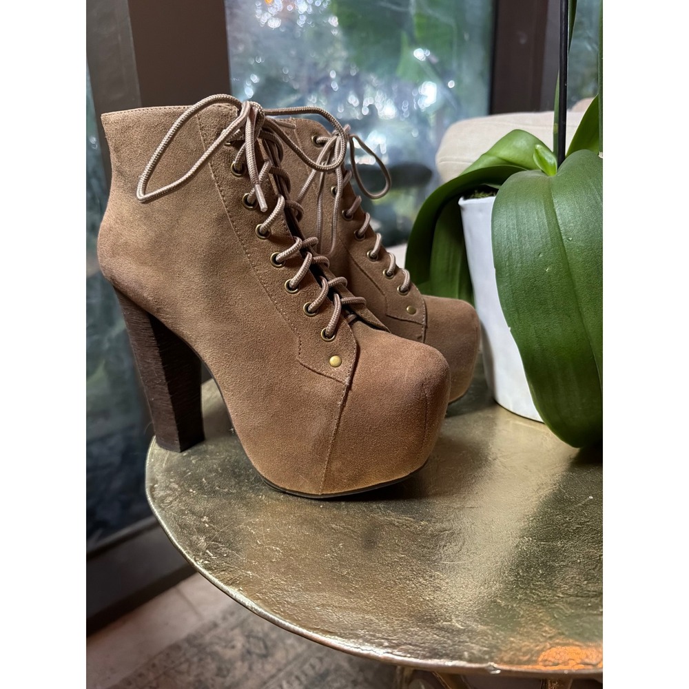 Jeffrey Campbell Havana Last Tan Suede Platform Lace Up Ankle Boots Size 7M